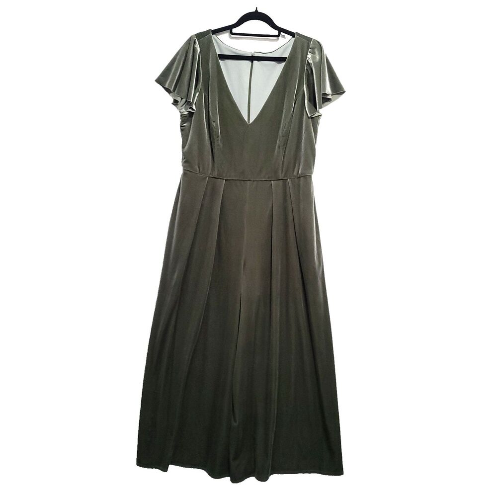 Velvet Flutter Sleeve Jumpsuit After Six 16 R Sage Green V Neck Wide Leg Event - Picture 2 of 13